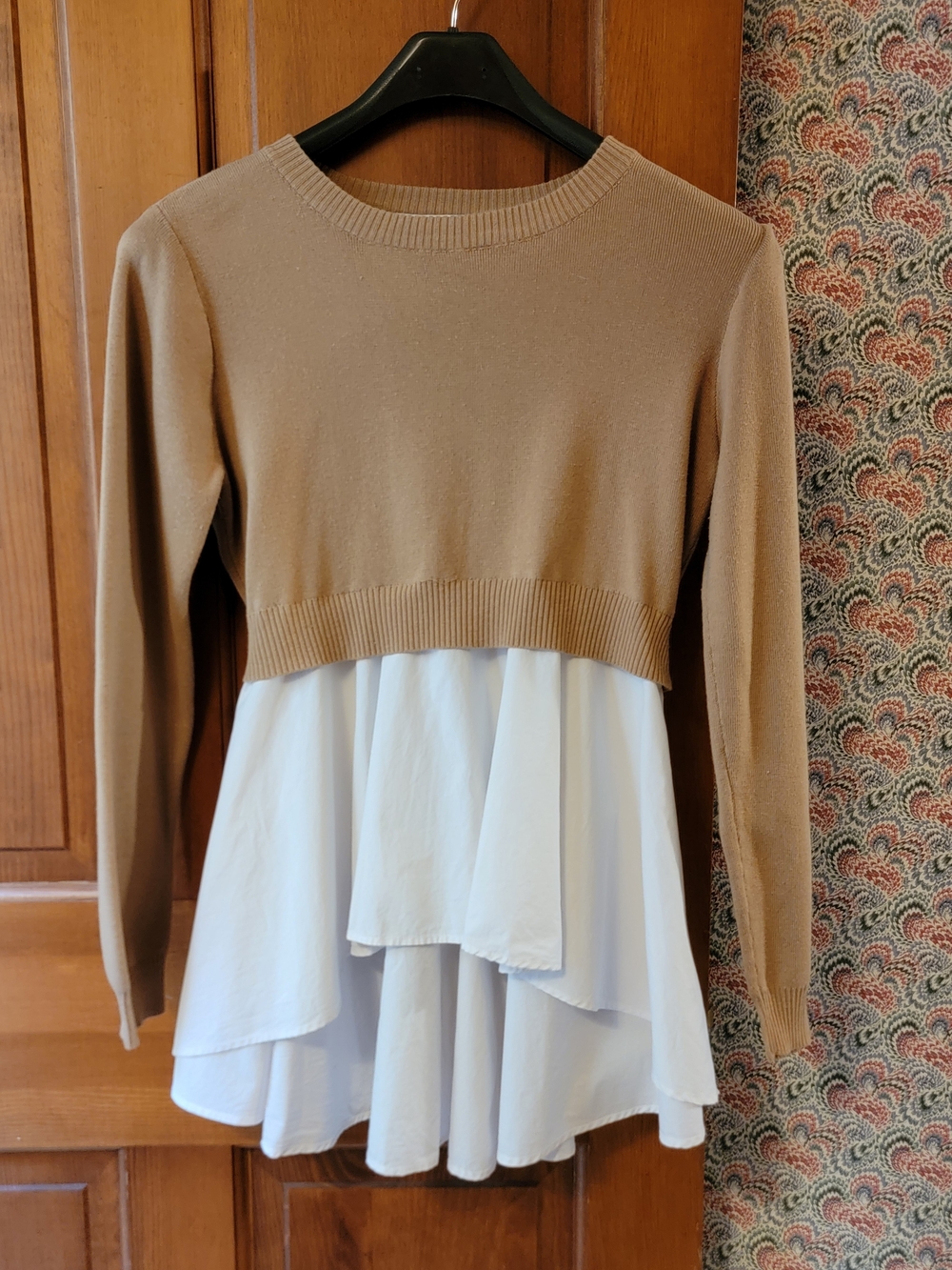 English Factory Mixed Media Layered Combo Top M Camel Brown Sweater White Shirt
